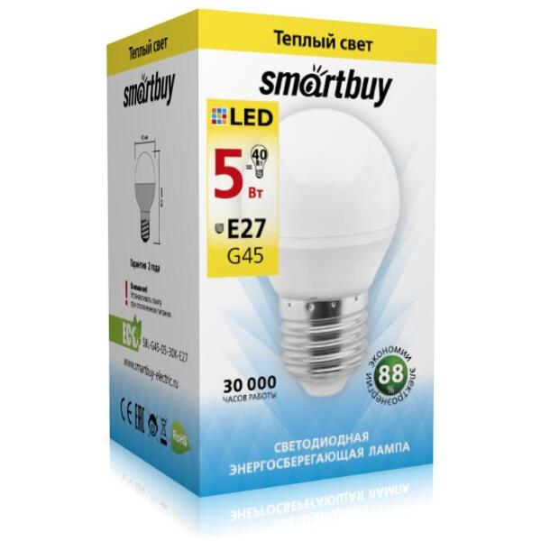 Фото Лампа светодиодная smartbuy led sbl-g45-05-30k-e27 е27 шар 5вт 3000к